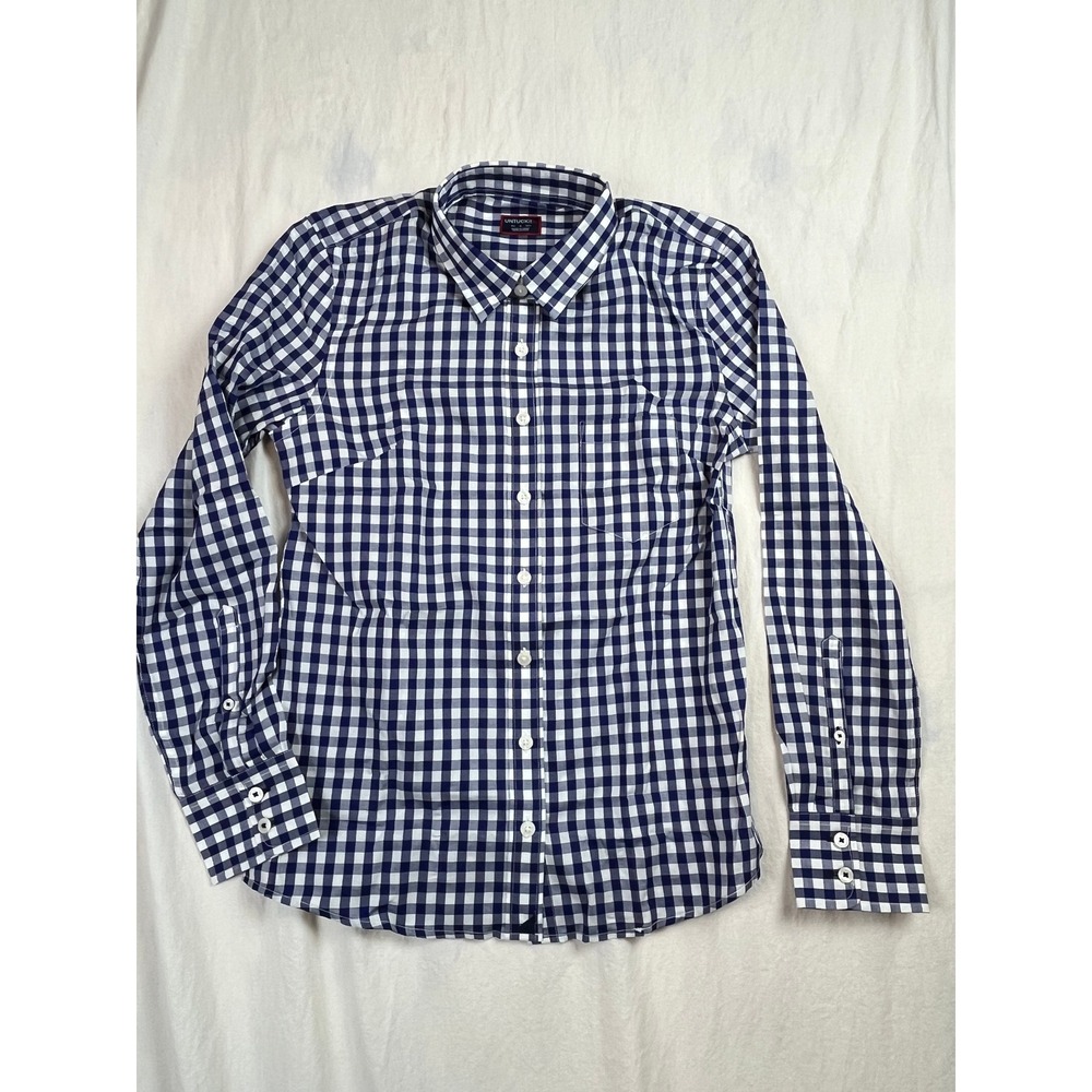 UNTUCKit Womens Navy Blue Gingham Cotton Button Down Shirt Size 0 Long Sleeve